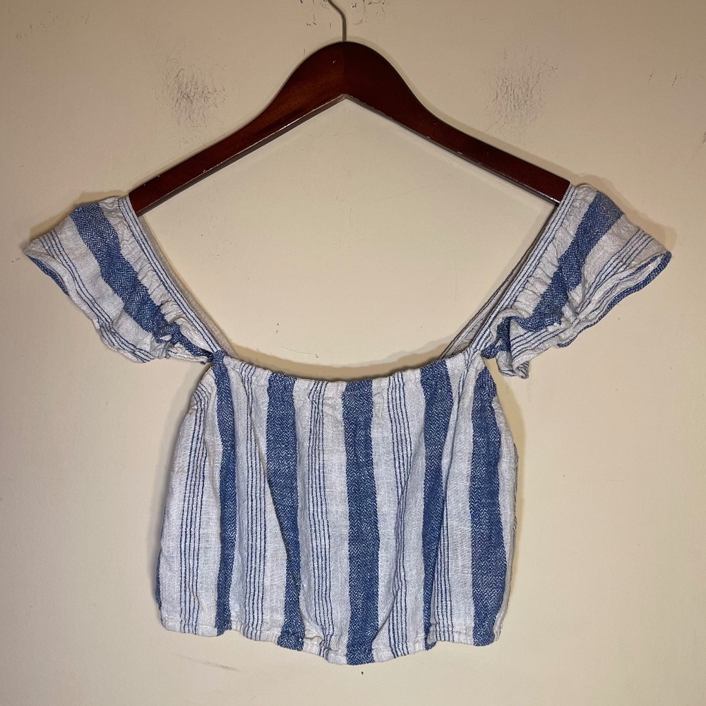Alice + Olivia Blue and White Striped Off-Shoulder Top - Picture 1 of 7